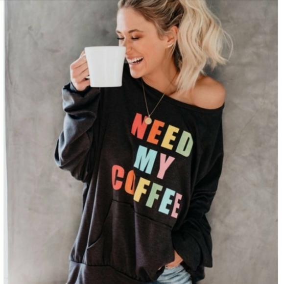💚LAST ONE Black Need My Coffee Sweater w Pocket - Picture 1 of 6